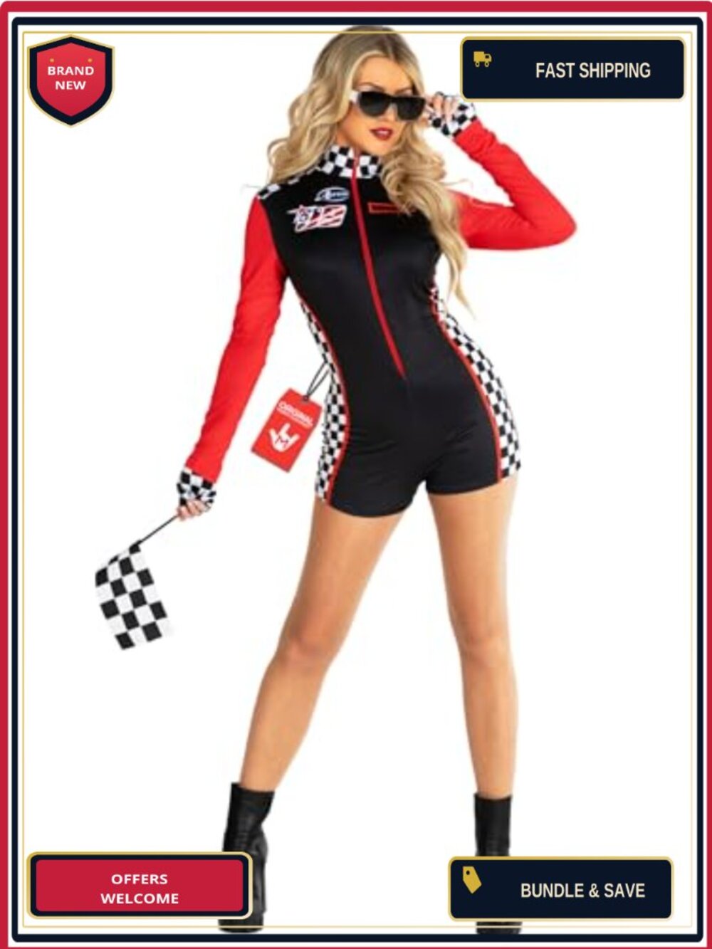 Racing Driver Costume Women Playsuit with Flag Halloween Cosplay